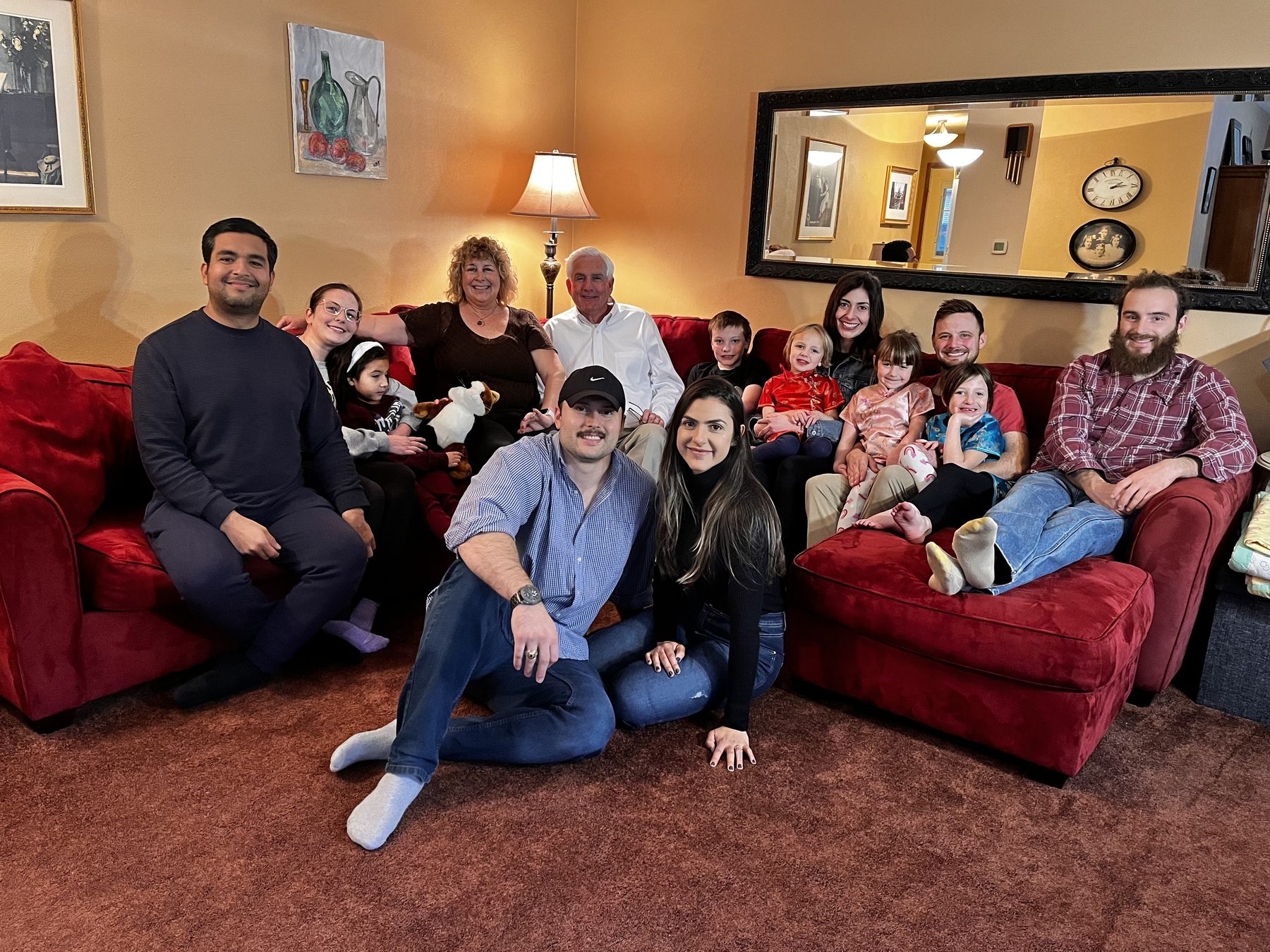 A full living room of family at Karen and Bob's home