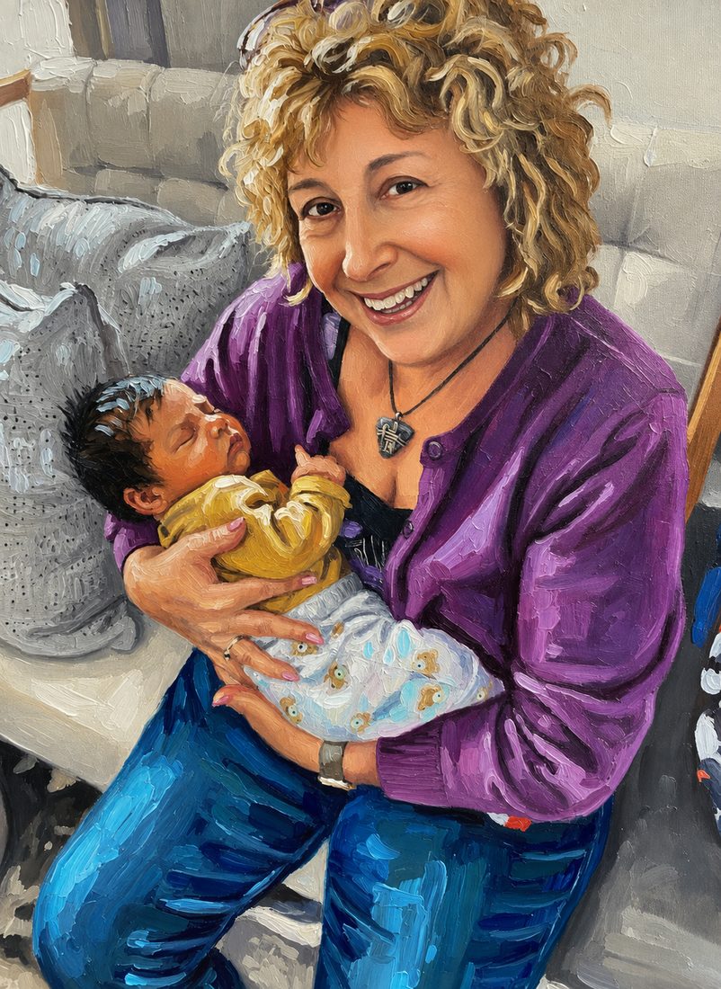 Painted portrait of Karen holding Charlie